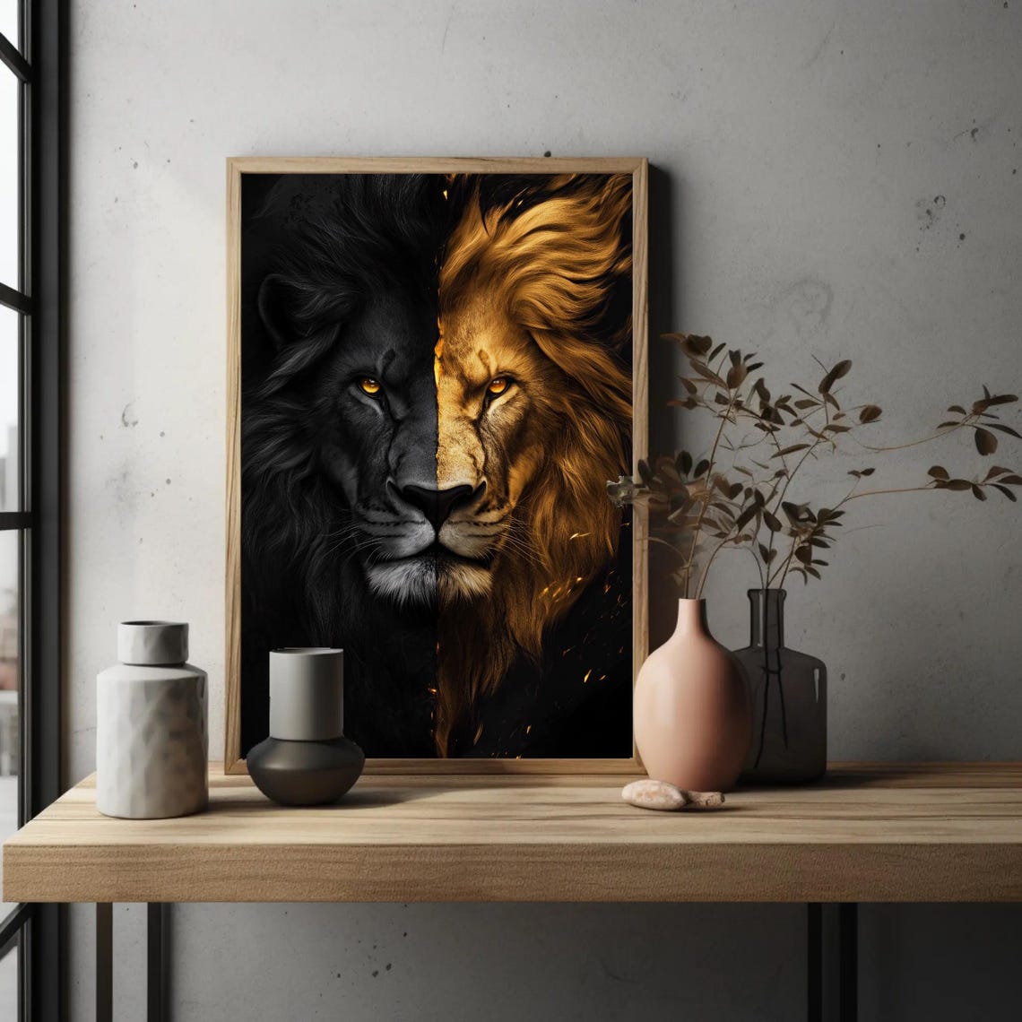 Dramatic Black And Gold Split Lion Face Majestic Wildlife Poster - Image 2