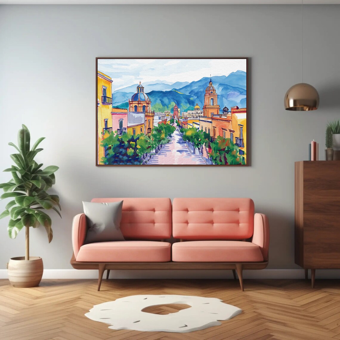 Oaxaca Colonial Street with Churches and Mountains Watercolor Poster - Image 2