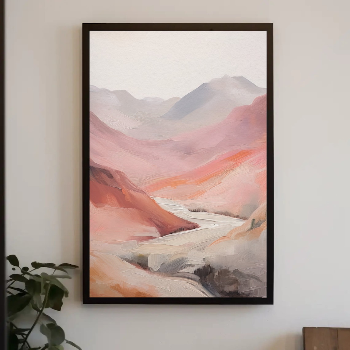 Pink Mountain Valley Abstract Oil Painting Red Hills Art Poster