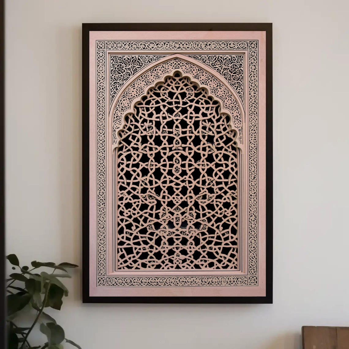 Blush Pink Jaali Lattice Window with Islamic Geometry Art Poster