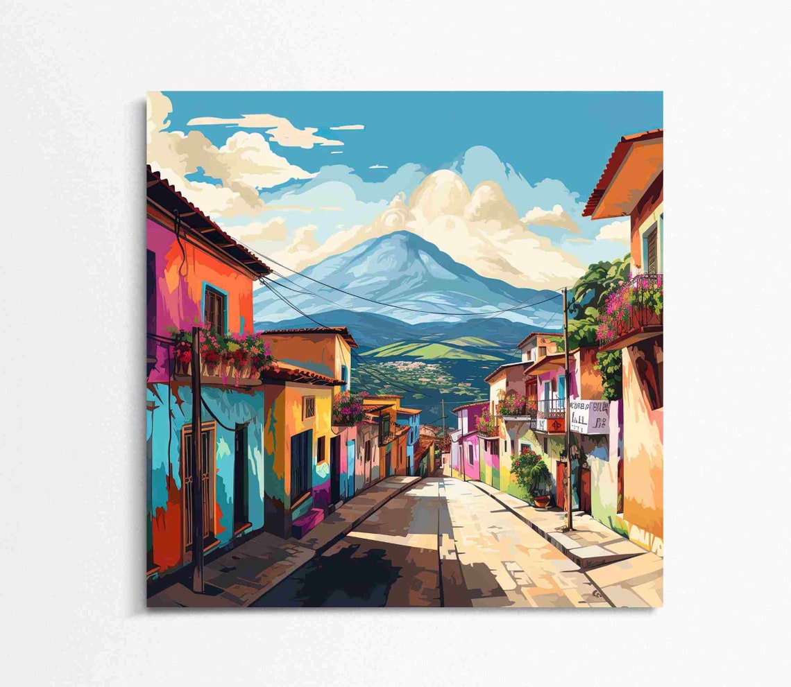 Guatemala Colonial Town Street With Volcano Backdrop Travel Poster - Image 4