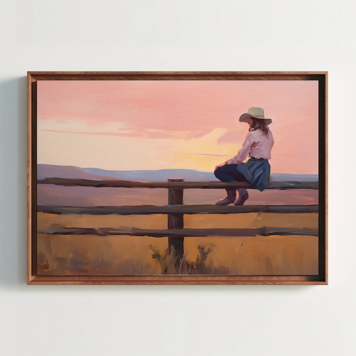 Cowgirl Watching Sunset Fence Golden Prairie Western Wall Art