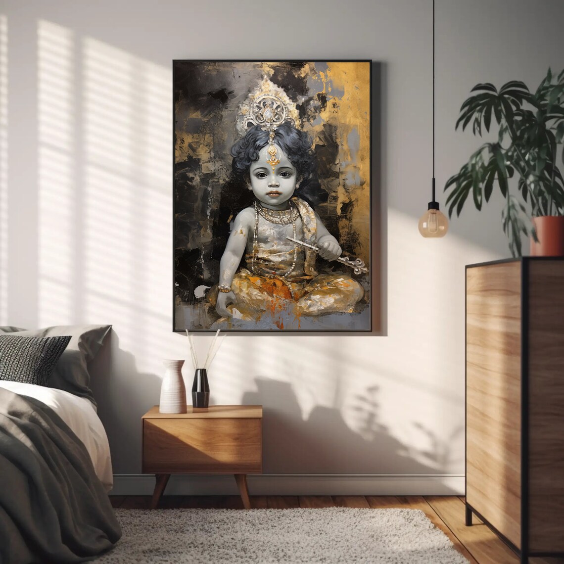 Baby Krishna in Gold and Black Hindu Deity Portrait Art Poster - Image 3