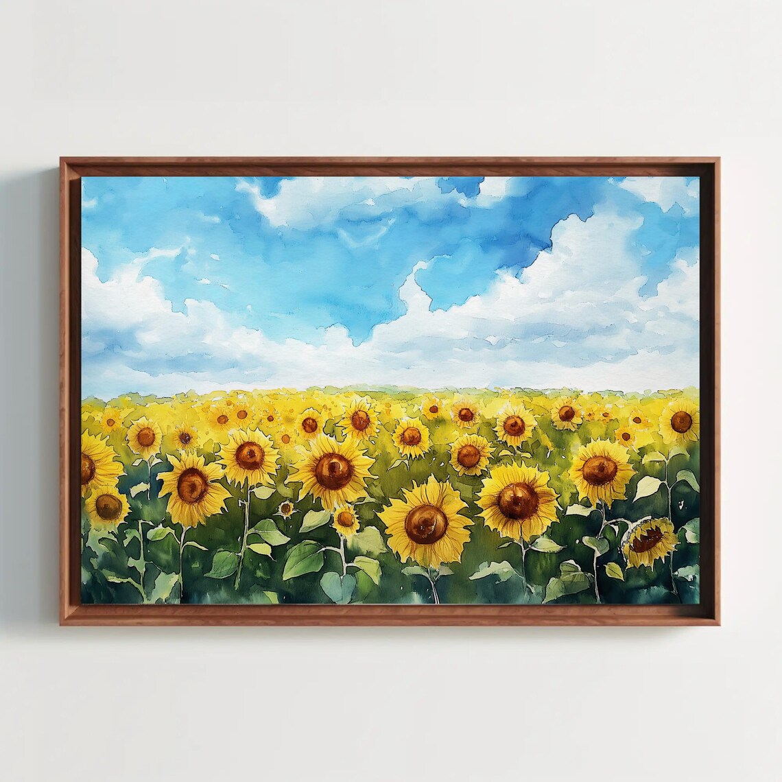 Sunflower Field Under Blue Sky Watercolor Floral Bloom Poster