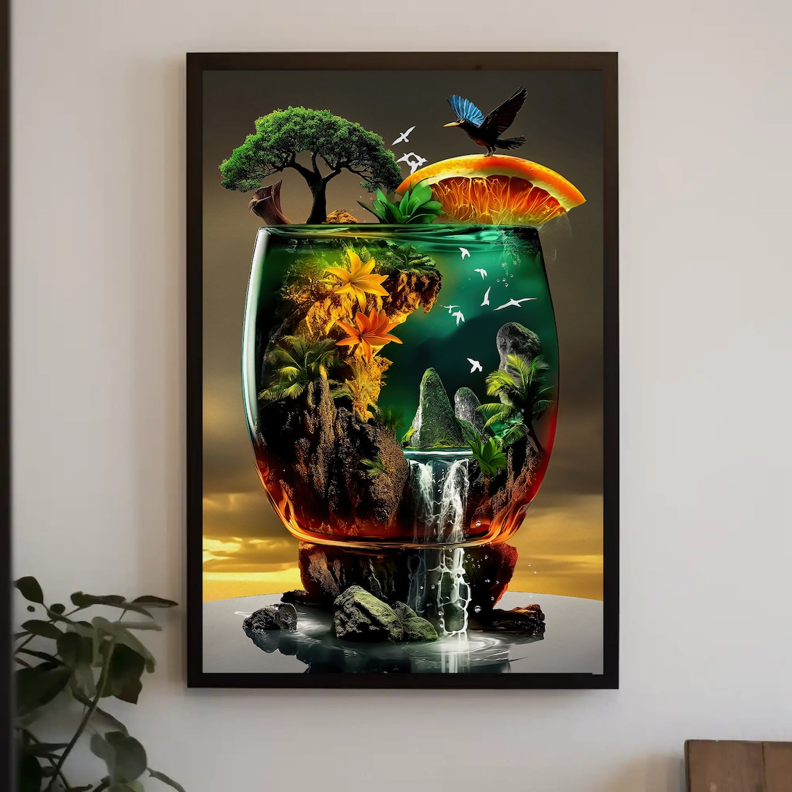 Surreal Tropical Cocktail Glass Holding a Miniature Island Poster