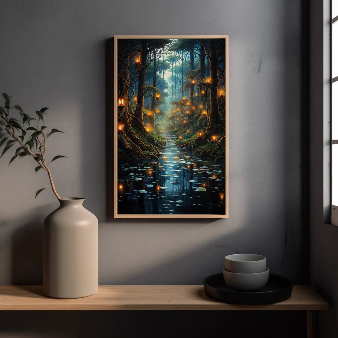 Moonlit Lantern Forest Lily Pad Stream Night Fantasy Decor Print - Image 4