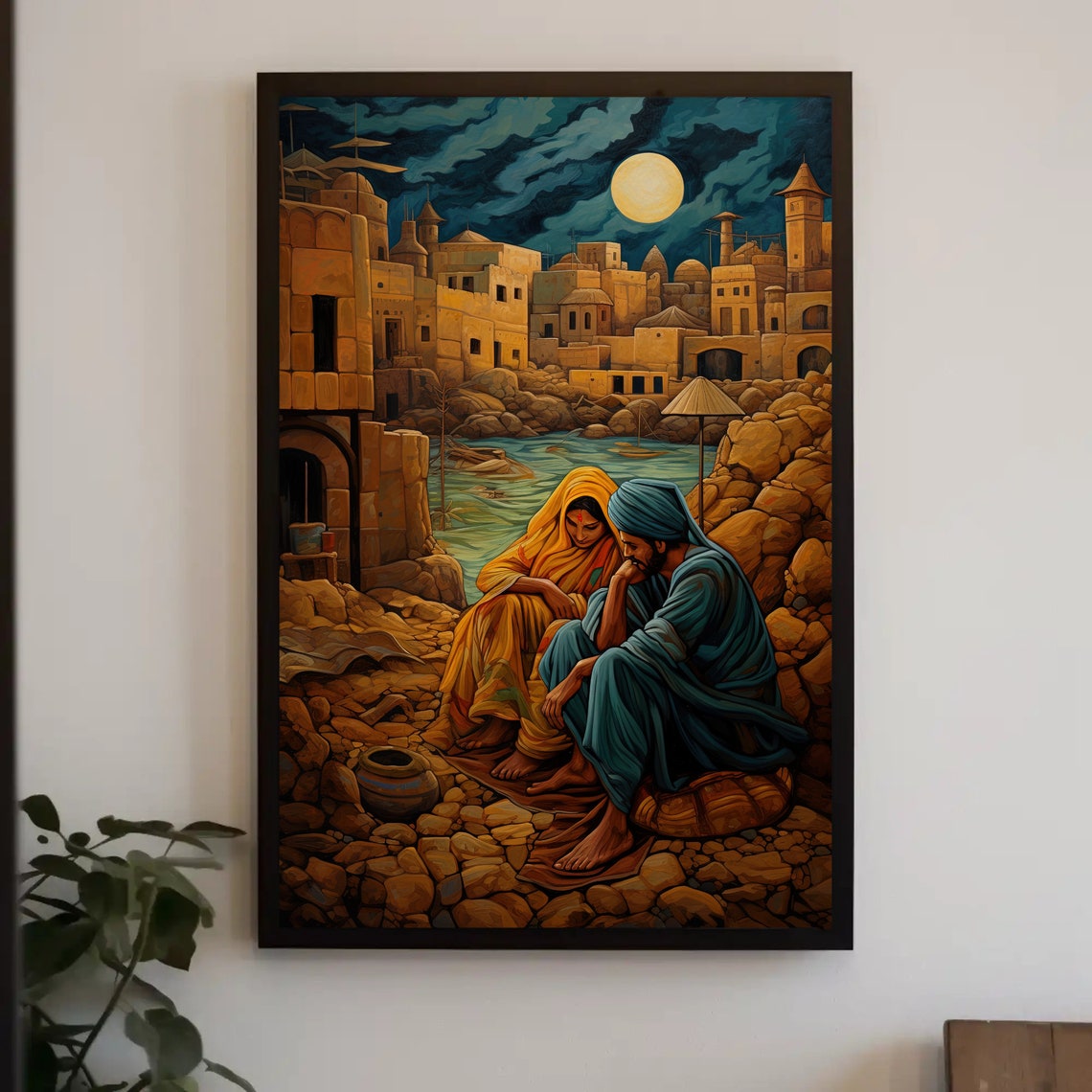 Indian Couple Sitting Under Moonlight in Ancient Desert City Poster