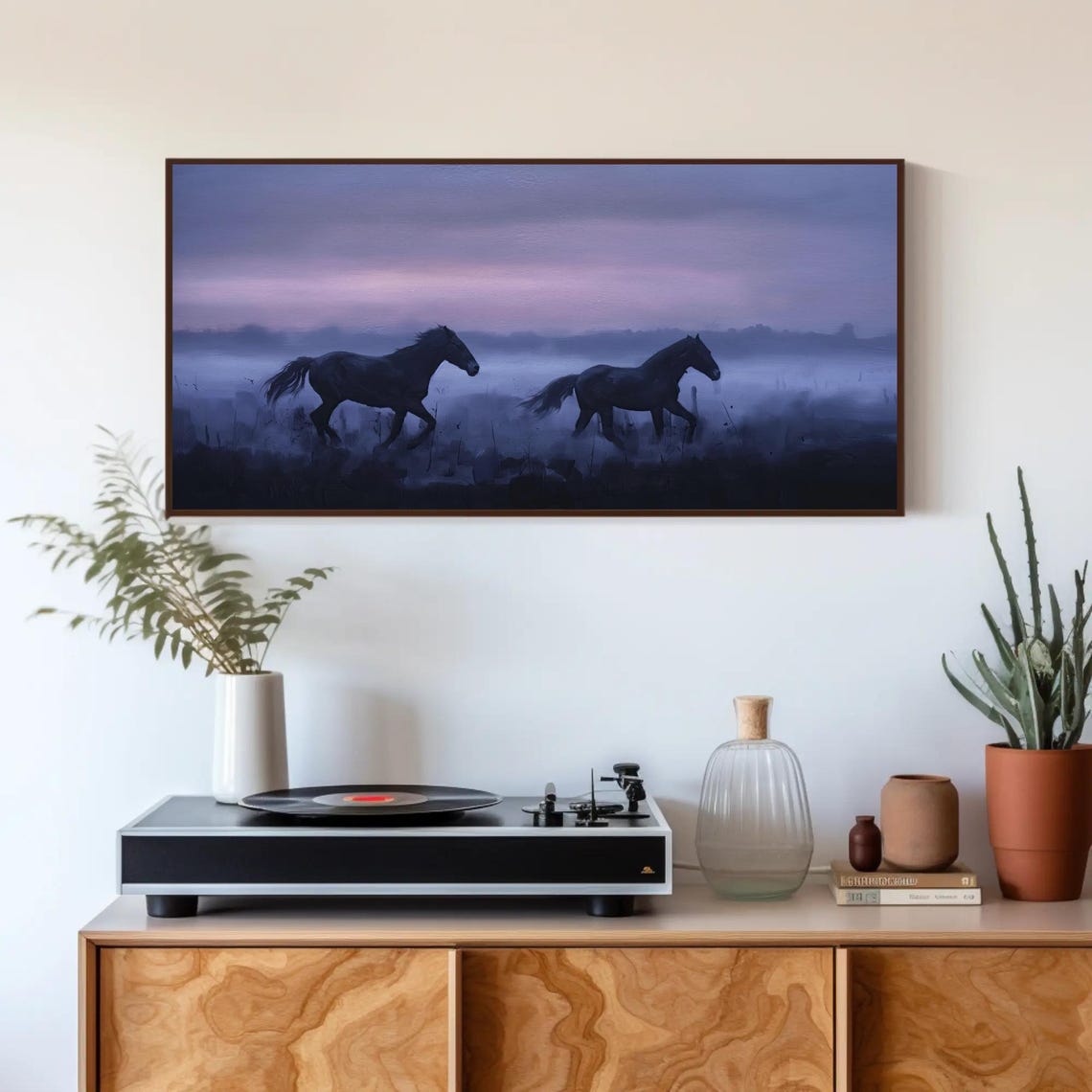 Two Dark Horses Galloping Through Violet Twilight Mist Poster - Image 3
