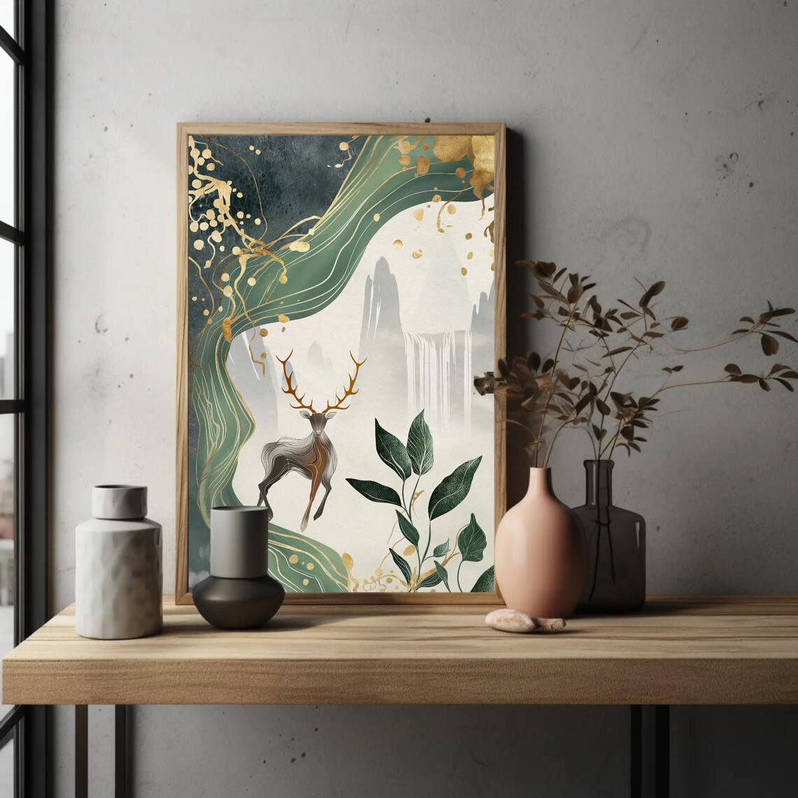 Majestic Stag By Waterfall Green And Gold Asian Style Poster - Image 3