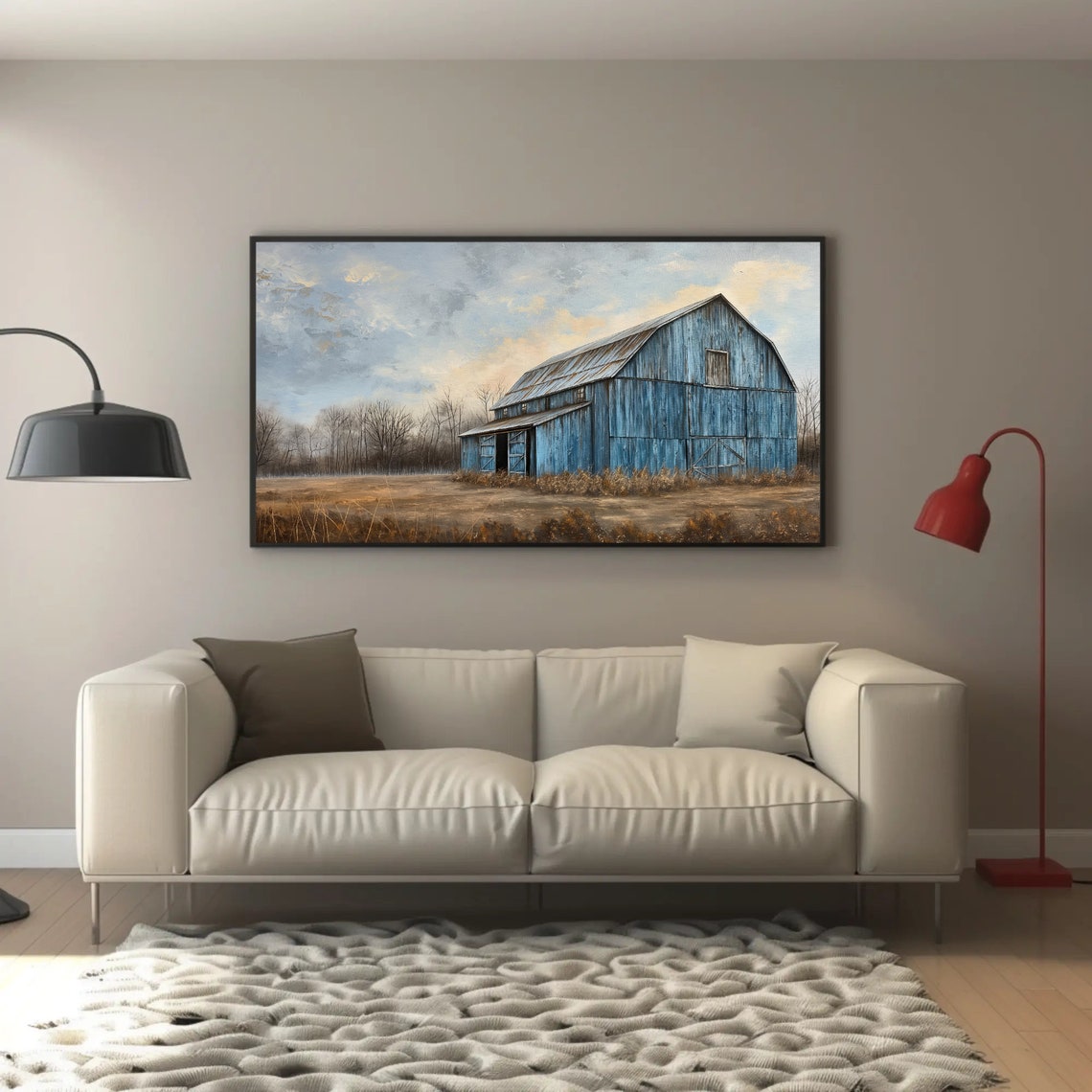 Vintage Blue Barn Standing Alone in a Rustic Country Field Poster - Image 3