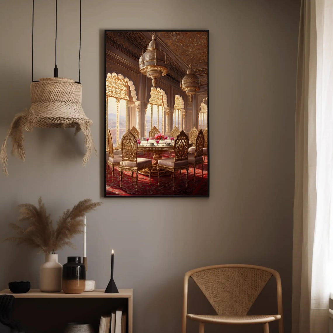 Royal Indian Palace Dining Hall with Glowing Arched Windows Poster - Image 2