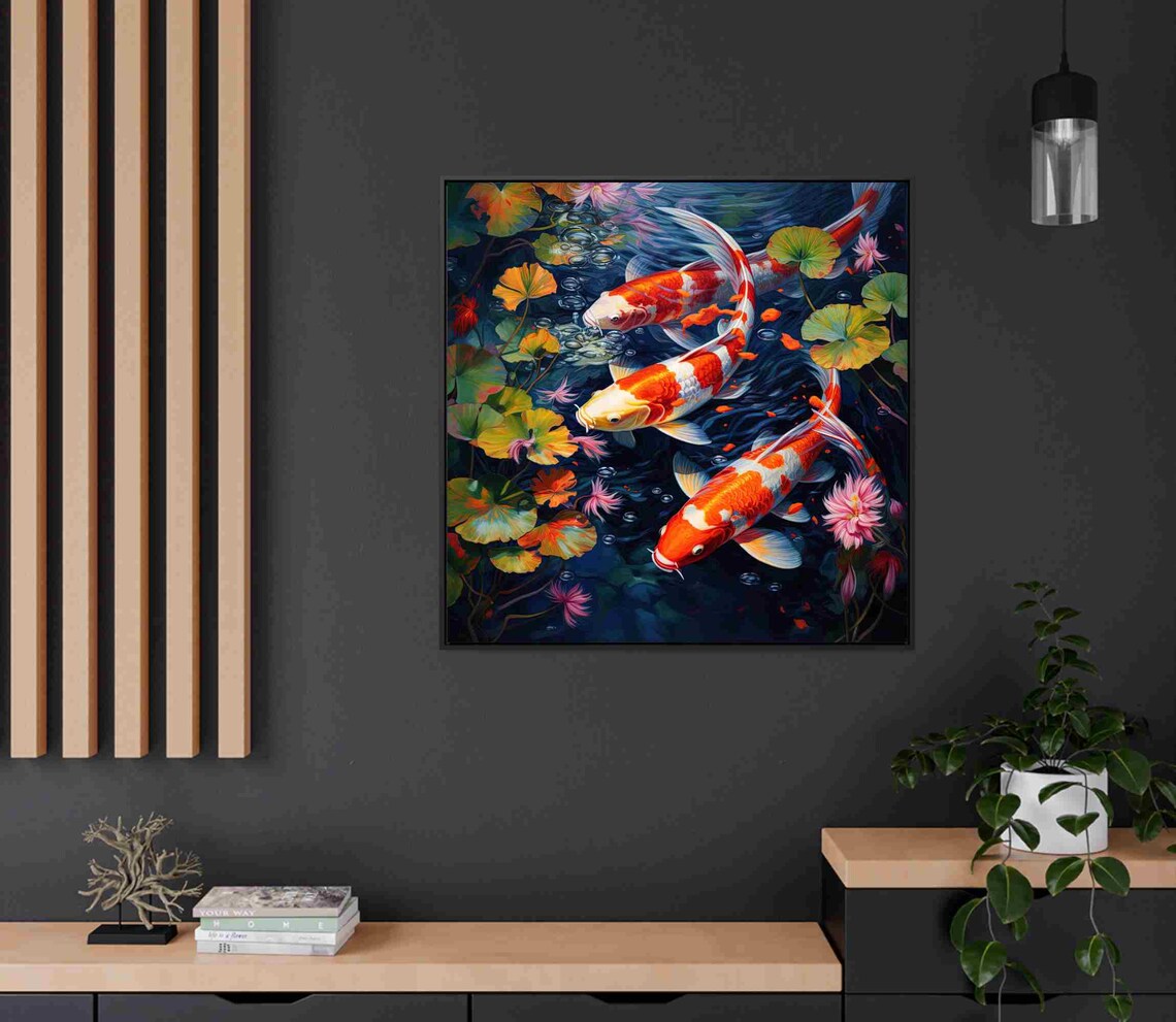 Three Colorful Koi Fish Among Lotus Lily Pads Oil Painting Poster - Image 2
