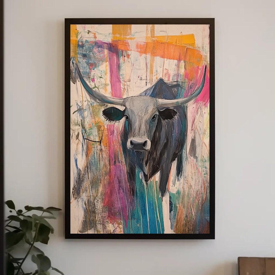 Bold Abstract Longhorn Bull In Bright Colorful Paint Drips Poster