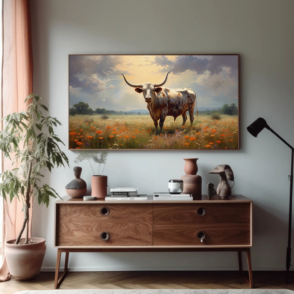 Texas Longhorn Cow in Wildflower Meadow Under Stormy Sky Poster - Image 5