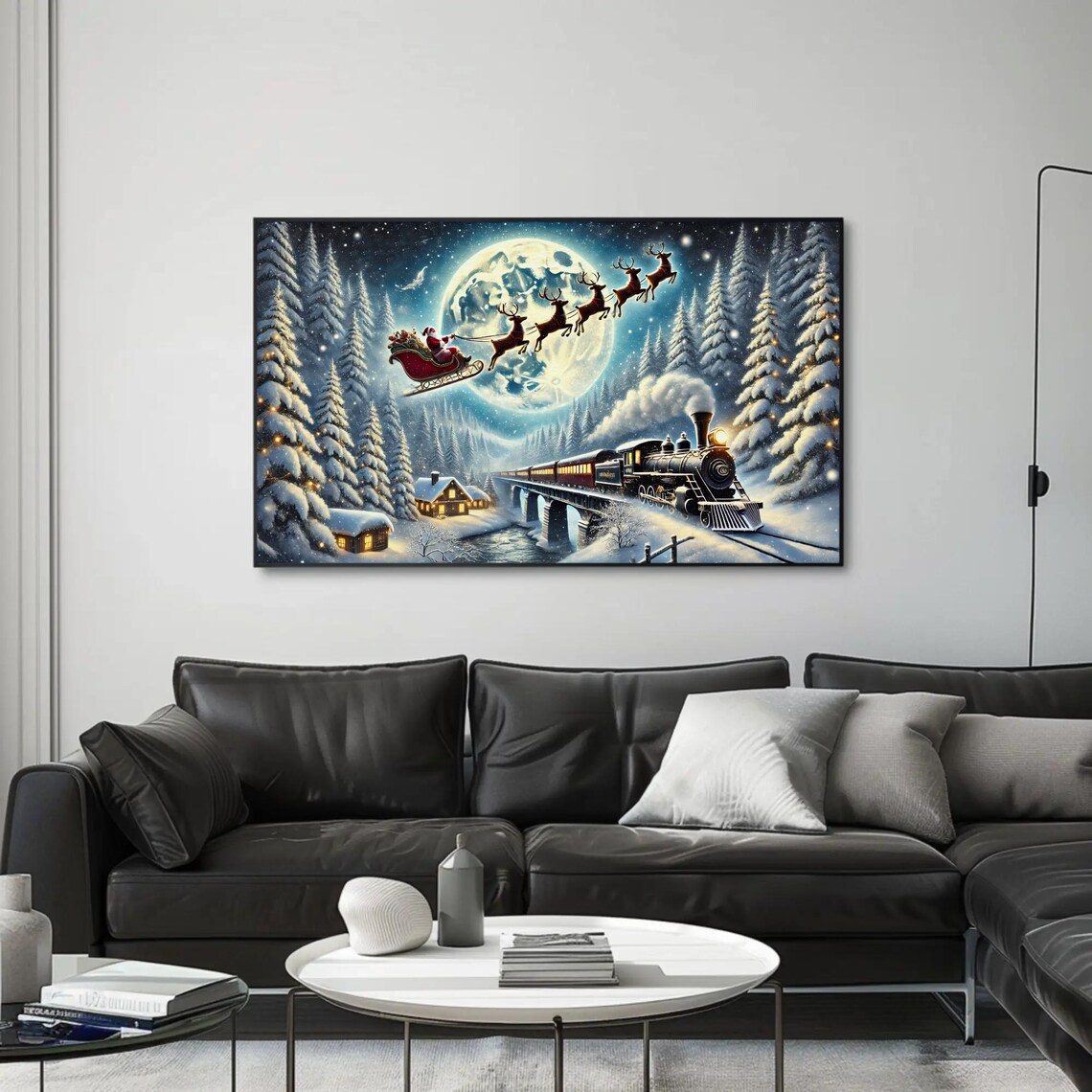 Santa Sleigh And Steam Train Under The Full Moon Night Poster - Image 4