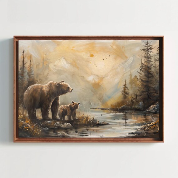 Mother Bear And Cub By A Misty Mountain River At Dawn Poster