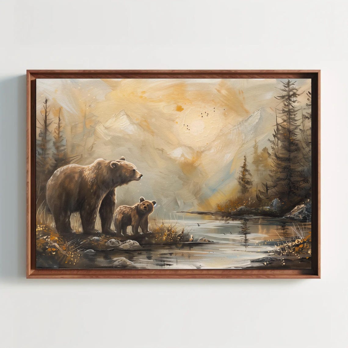 Mother Bear And Cub By A Misty Mountain River At Dawn Poster