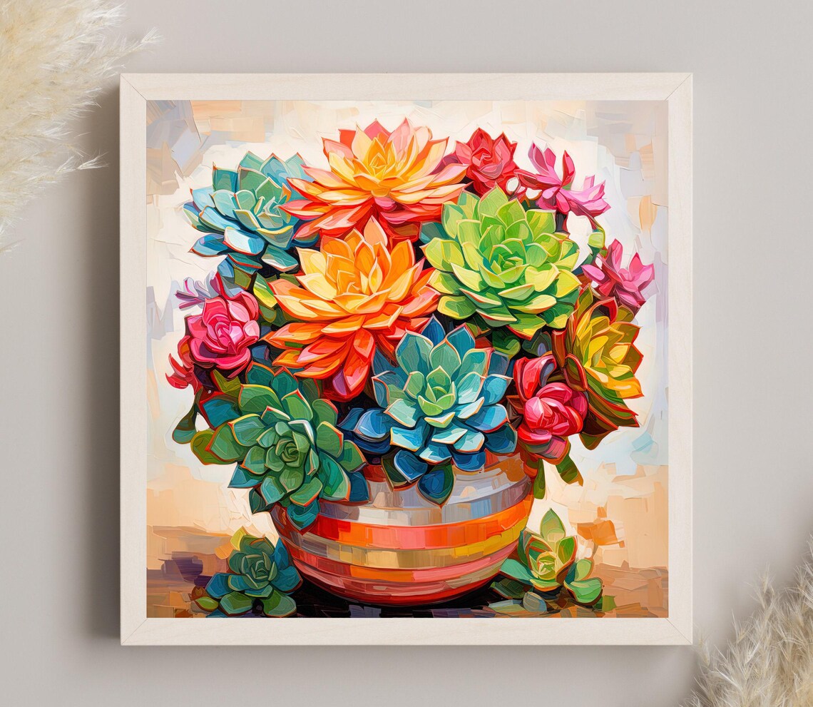 Colorful Succulents Bouquet Arrangement in Striped Bowl Art Poster