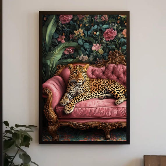 Majestic Leopard On Pink Sofa Print Glam Animal Wall Art Luxe Home Decor Bold Wildlife Art Elegant Safari Decor Ready To Hang