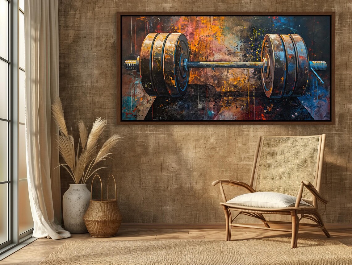 Heavy Barbell Grunge Painting For Home Gym Motivation Wall Art - Image 4