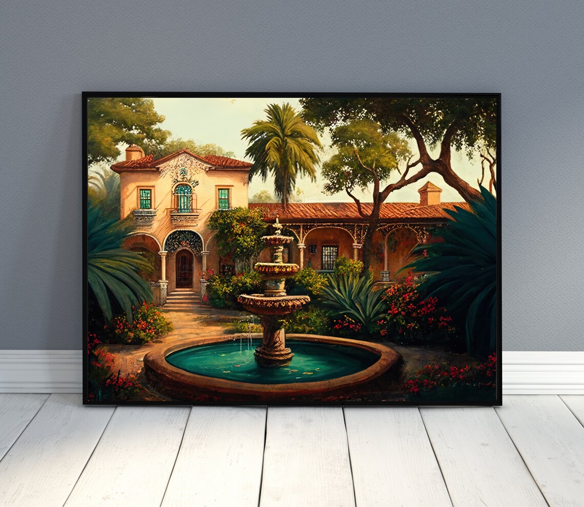 Elegant Mexican Hacienda Courtyard With Fountain And Palm Trees Poster - Image 2