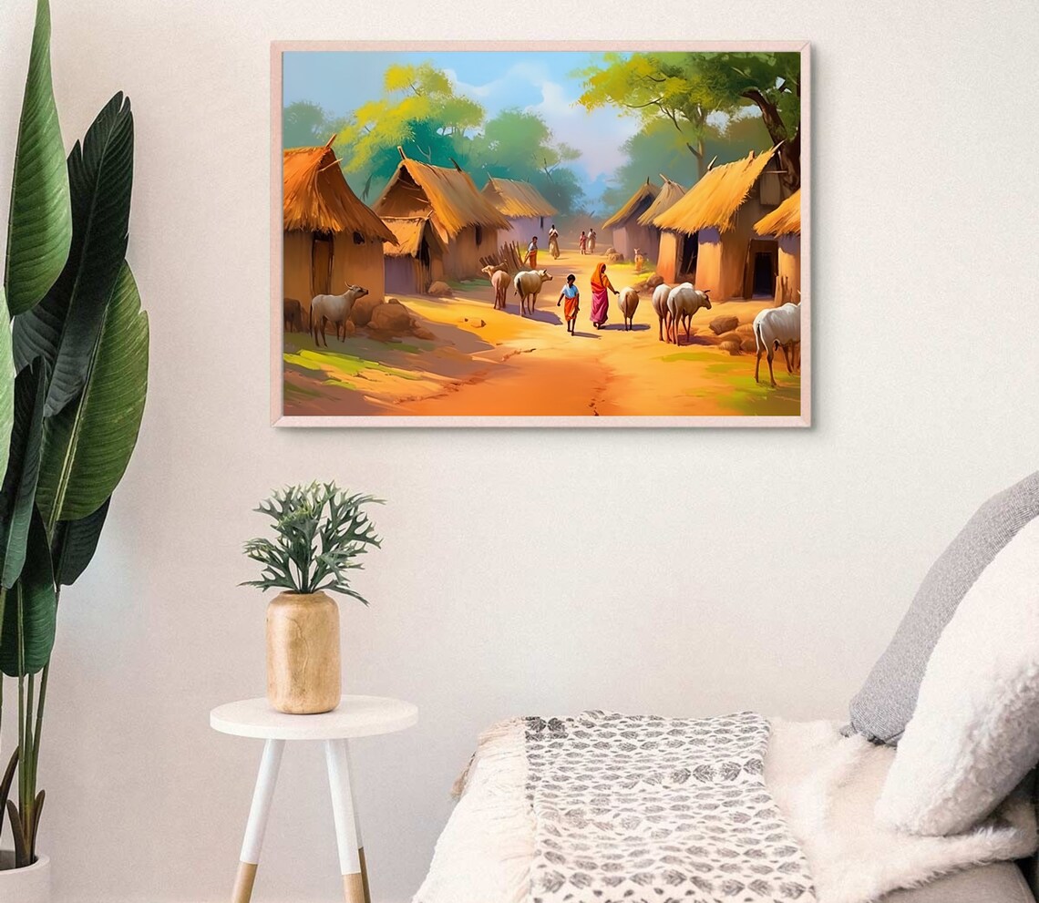 Indian Village Landscape, South Asian Art Print - Image 3