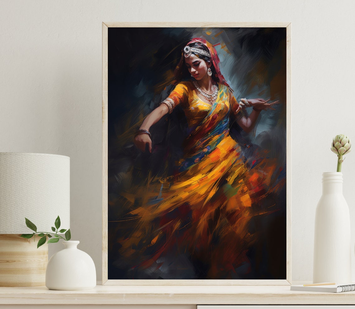 Indian Classical Dancer in a Flowing Golden Yellow Sari Poster