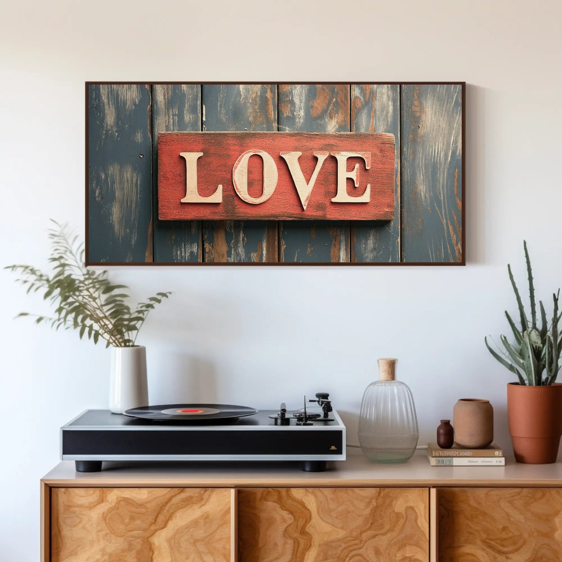 Rustic Red LOVE Wooden Sign On Distressed Blue Barnwood Print - Image 4
