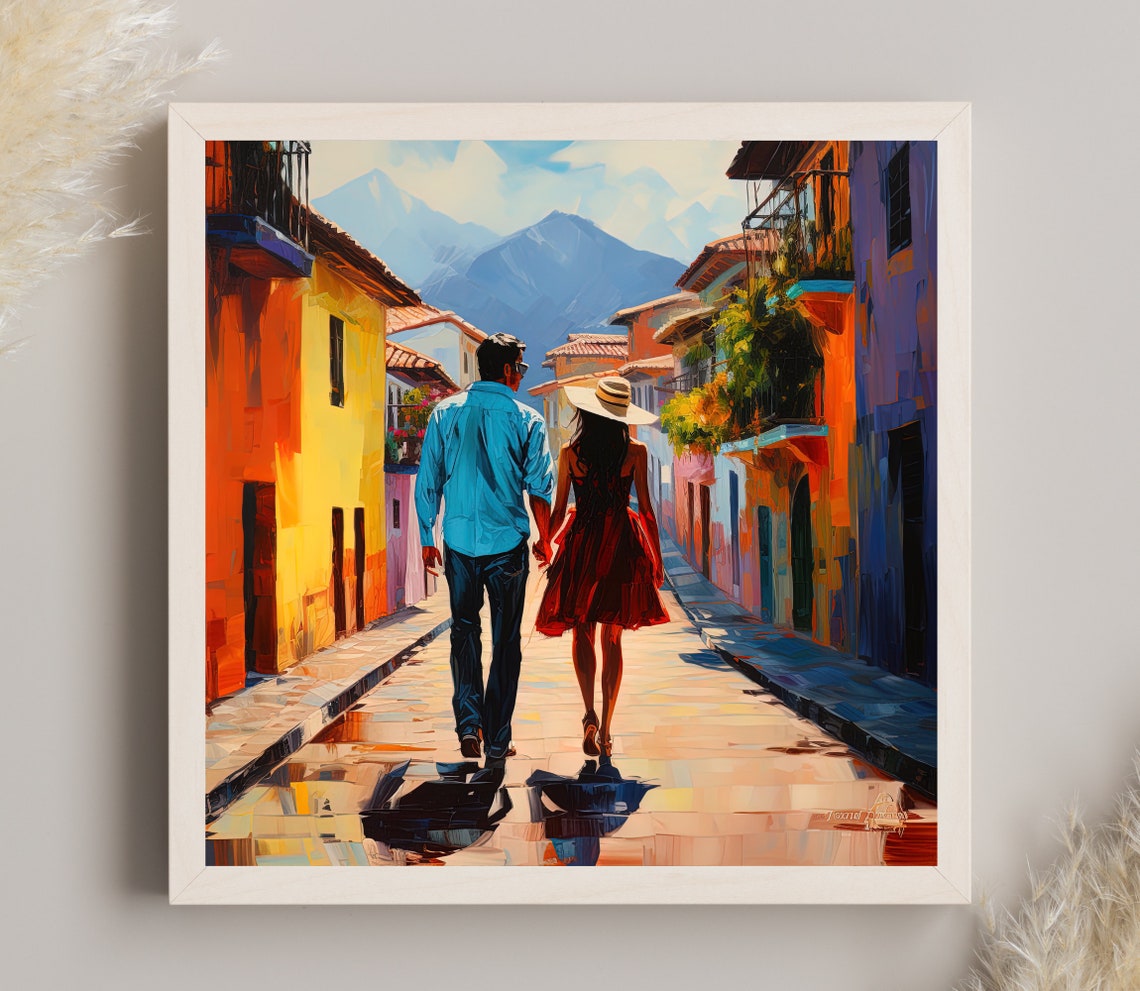 Colombian Couple Walking On Street Of Colombia Wall Art Colombian Couple Travel Print Colombian Couple Large Art Print Colombian