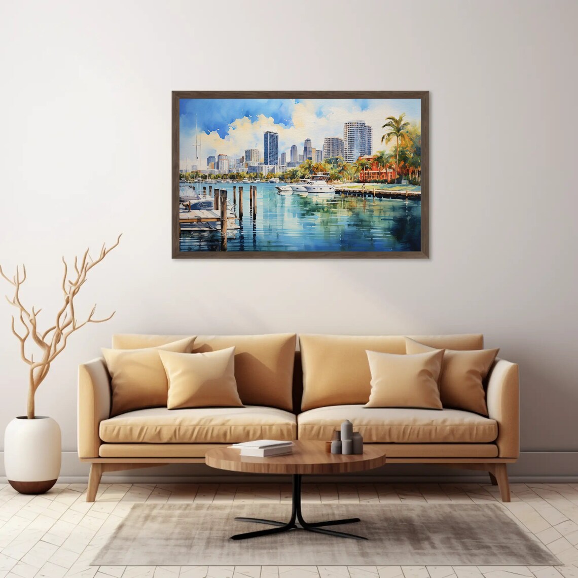 Miami Marina Waterfront with Skyline and Yachts Watercolor Poster - Image 2