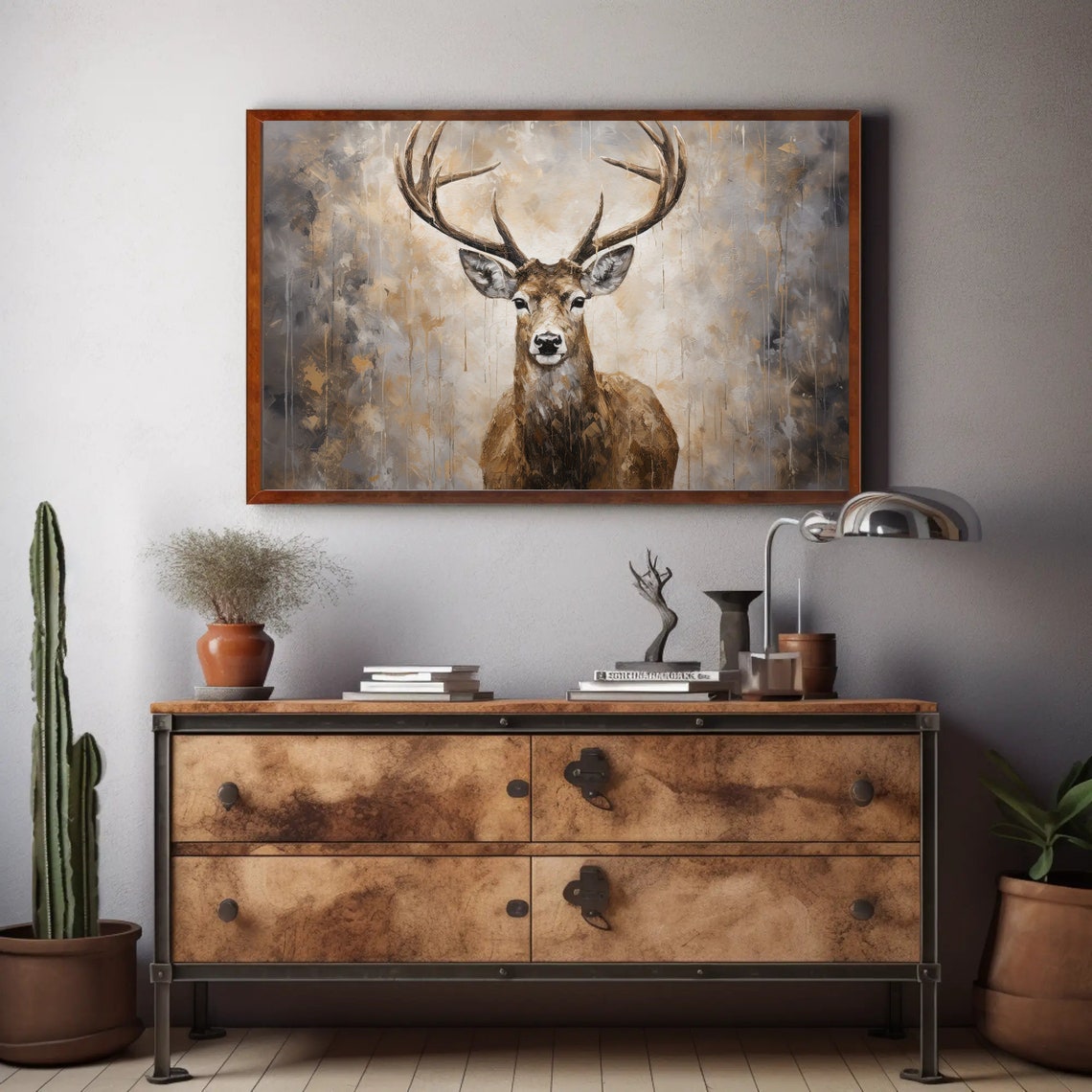 Rustic Deer Art Abstract Deer Art Moody Rustic Wall Art Antique Animal Print Deer Oil Painting - Image 3