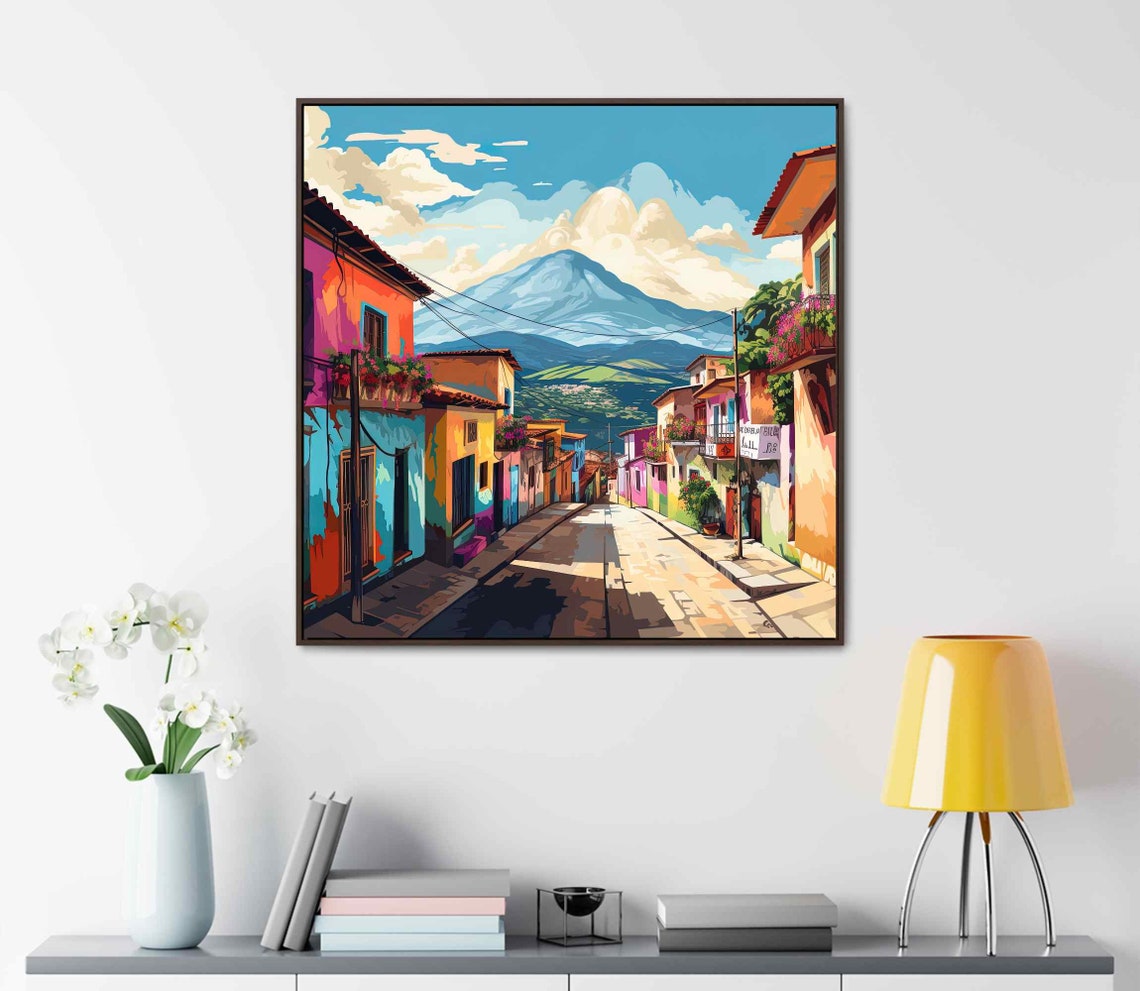 Guatemala Colonial Town Street With Volcano Backdrop Travel Poster - Image 3