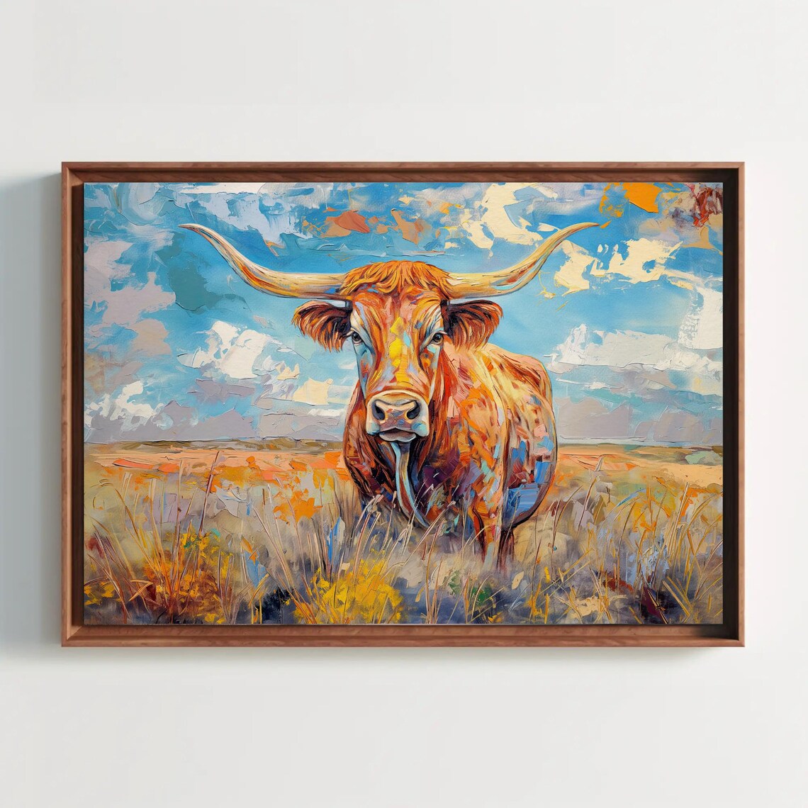 Texas Longhorn In A Field, Rustic Western Wall Art Print