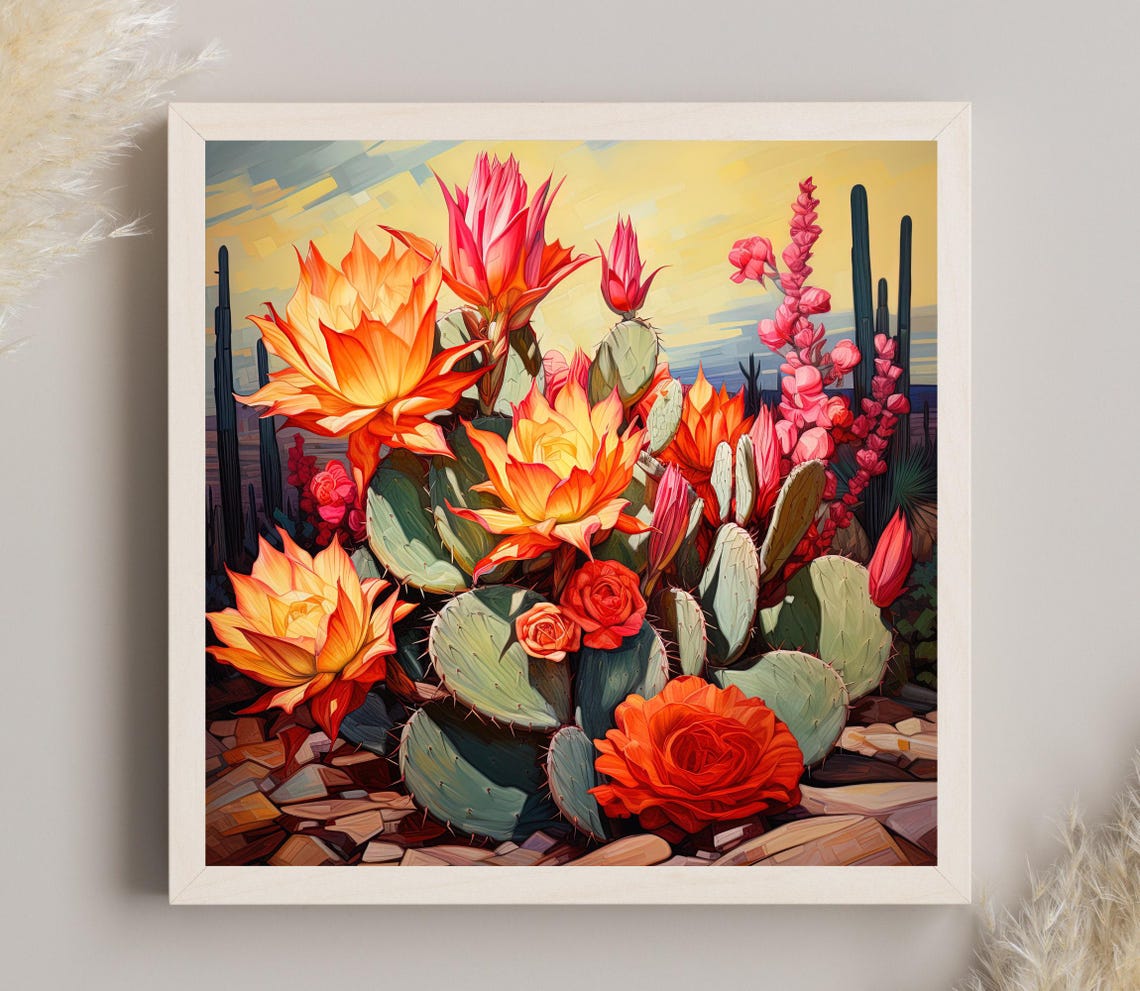 Blooming Prickly Pear Cactus Flowers Desert Scene Art Poster