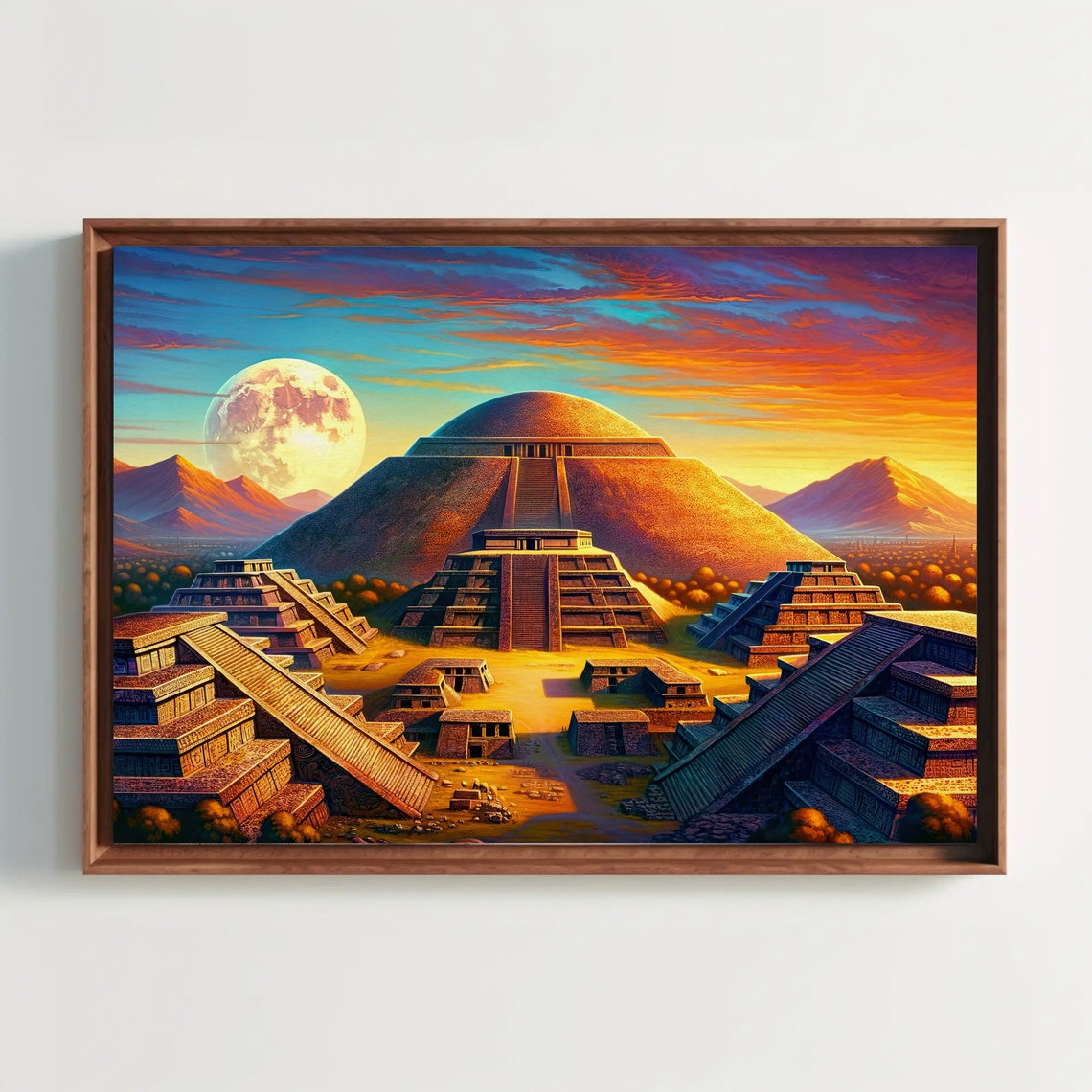 Ancient Teotihuacan Pyramids at Sunset Under a Full Moon Poster