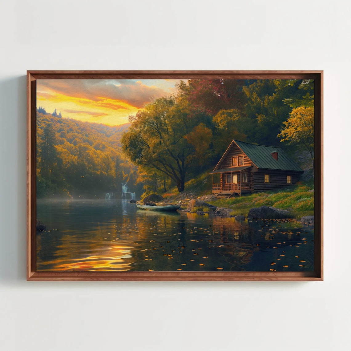 Serene Log Cabin By The Lake At Sunset Autumn Landscape Art Poster