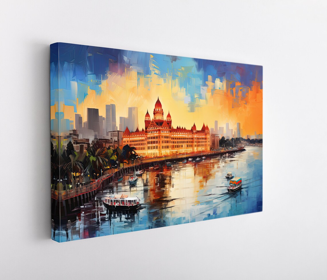 Mumbai Taj Mahal Palace Hotel Harbour Sunset Oil Painting Poster - Image 4