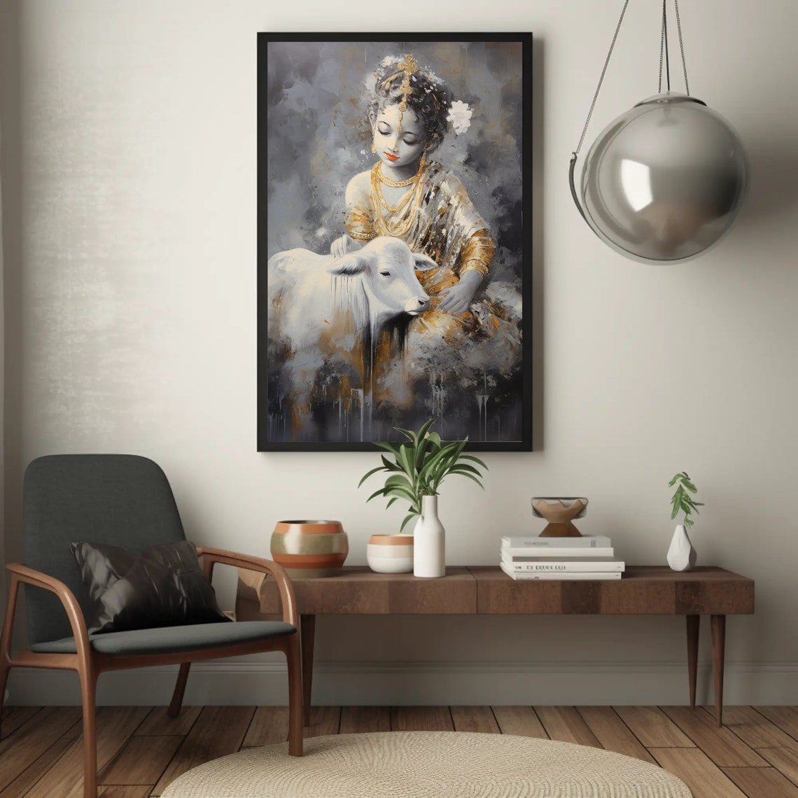 Child Krishna With White Cow Golden Grey Devotional Art Poster - Image 4