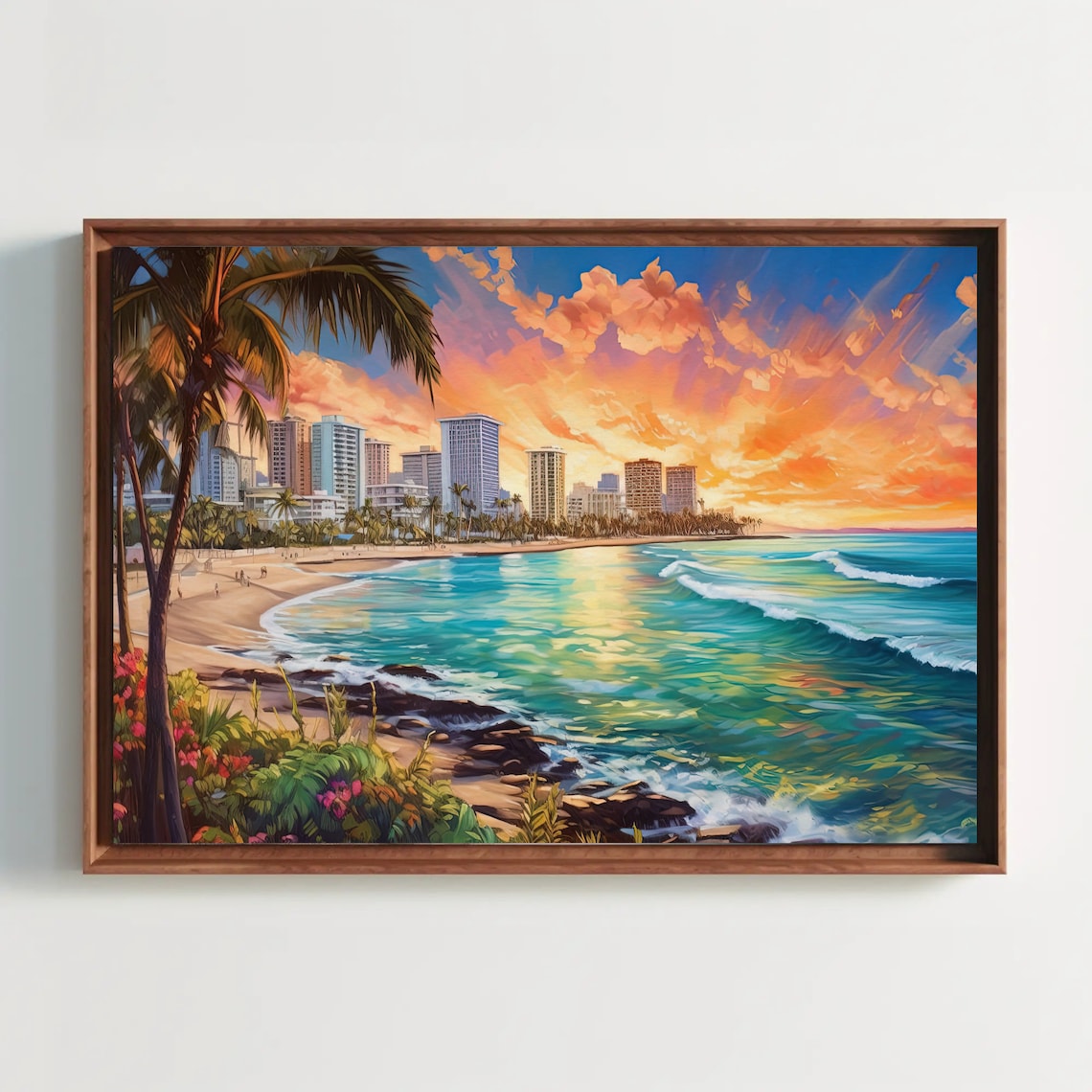 Honolulu Rocky Shore Sunset With Palm Trees and Flowers Poster