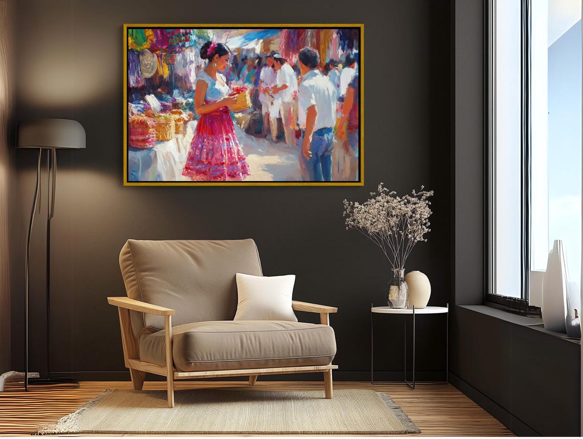 Mexican Woman In Market Print Colorful Mexican Market Art Cultural Wall Decor Traditional Mexican Painting Ready To Hang - Image 3