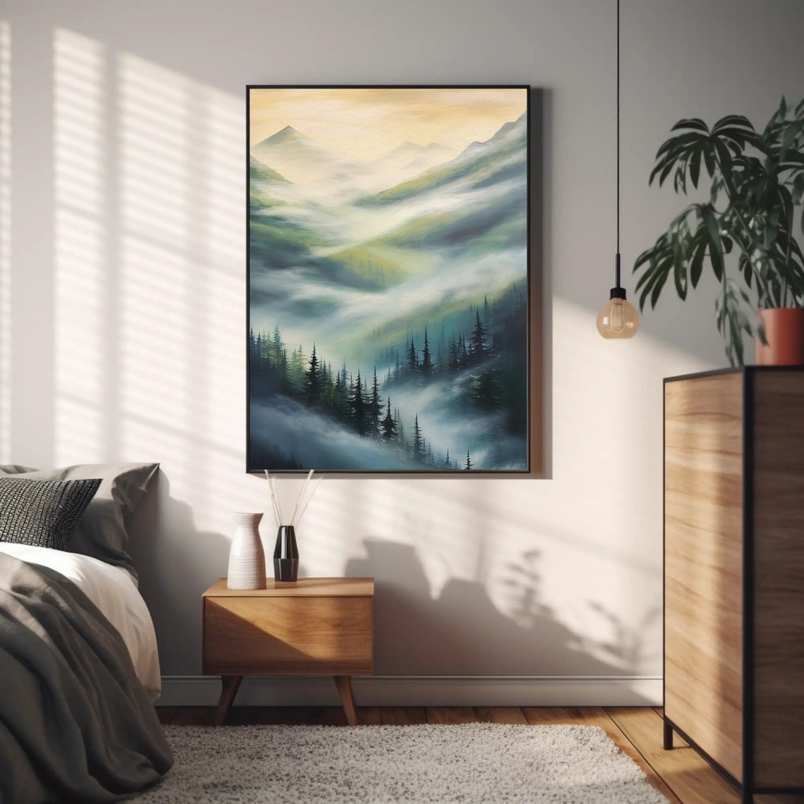 Foggy Mountain Forest Trees Abstract Wall Art Foggy Nature Print Modern Living Room Decor Framed - Image 5