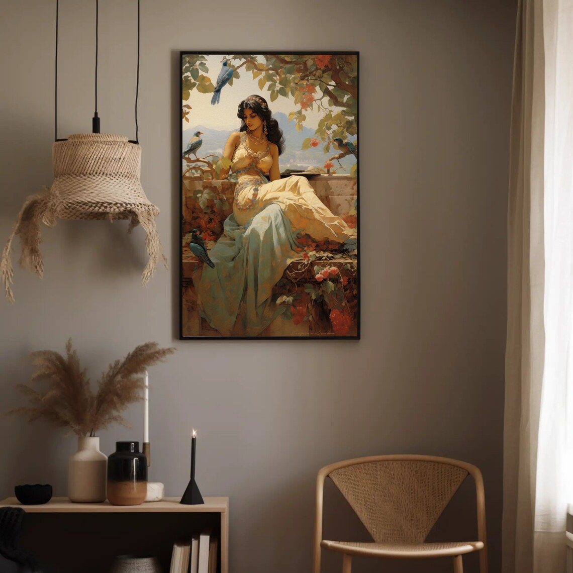 Indian Woman in Garden with Blue Birds and Red Flowers Poster - Image 3