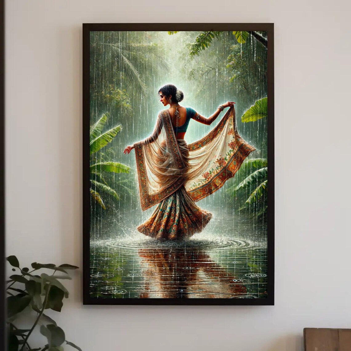 Indian Woman Dancing in the Monsoon Rain of a Tropical Jungle Poster
