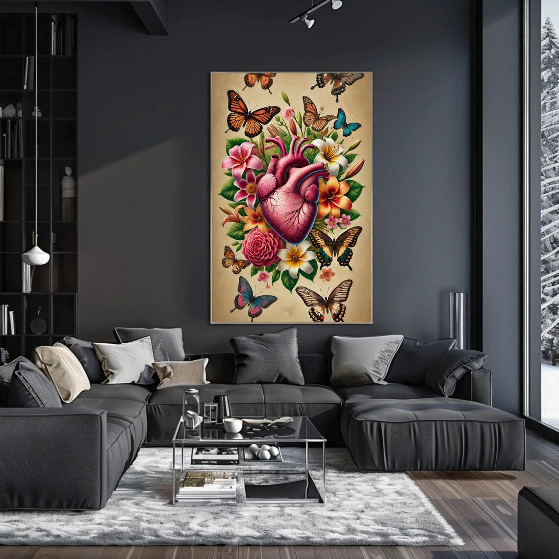 Anatomical Heart With Flowers And Butterflies Vintage Art Poster - Image 3