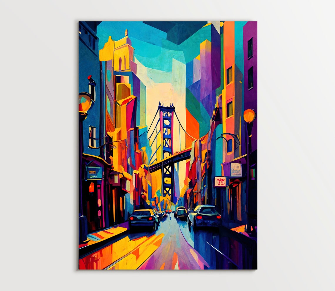 San Francisco Cubist Street Suspension Bridge Rainbow Art Poster - Image 4