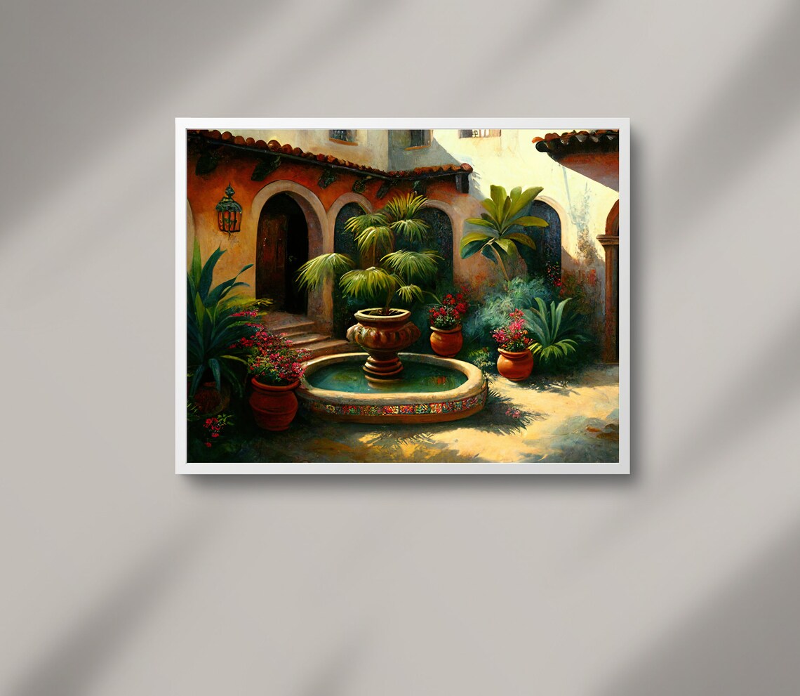 Mexican Colonial Courtyard Fountain Palm Garden Sunlit Art Poster - Image 2