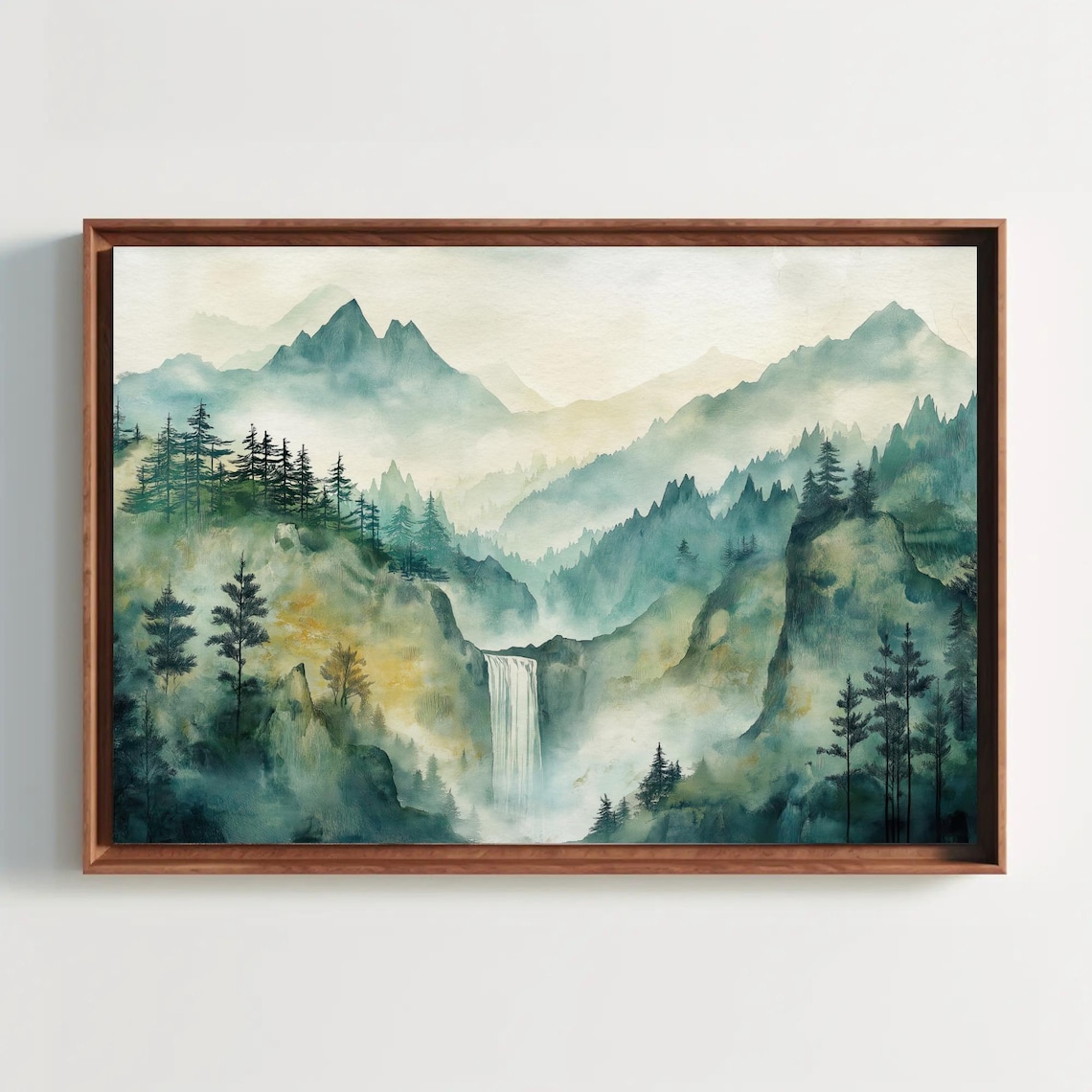 Misty Chinese Mountain Landscape with Waterfall Watercolor Poster