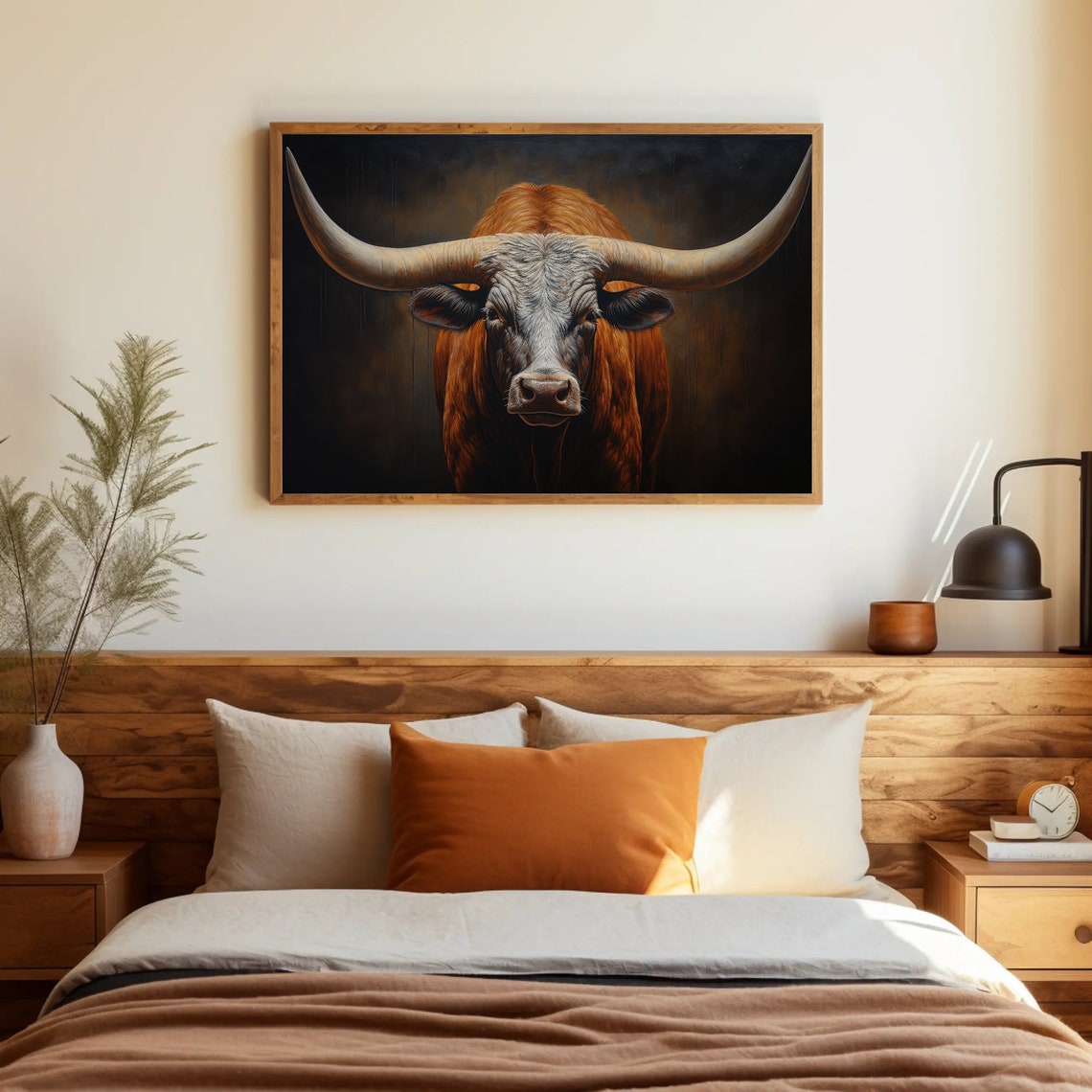 Longhorn Bull Close Up Against Dark Dramatic Background Poster - Image 4