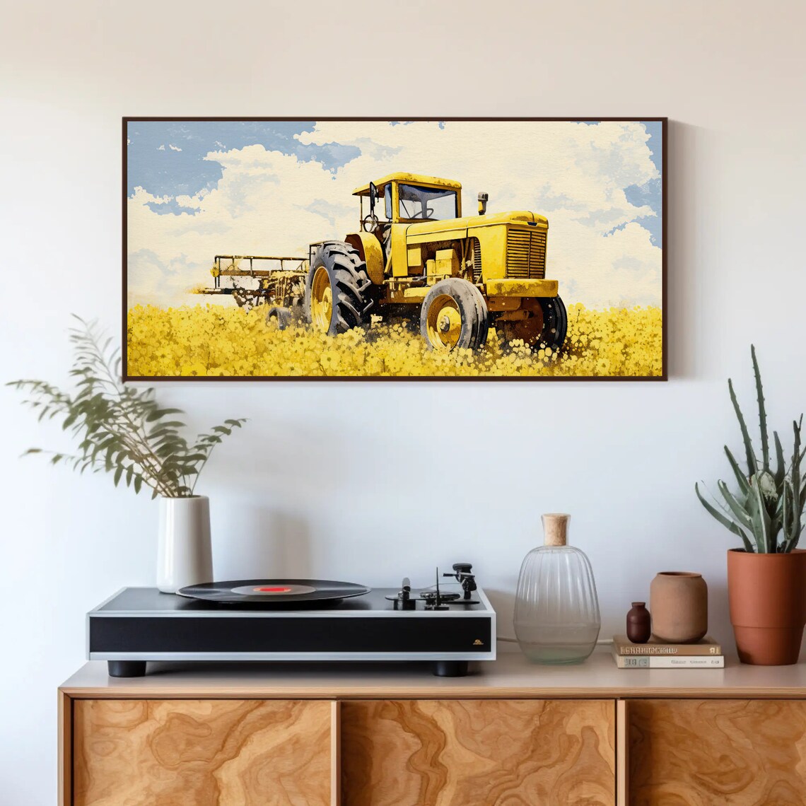 Vintage Yellow Tractor in Mustard Field Farm Painting Poster - Image 5