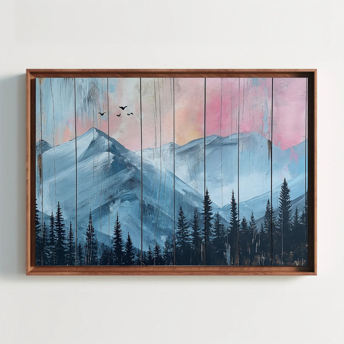 Blue Mountain Peaks on Rustic Wood Plank Texture Painting Poster - Image 3